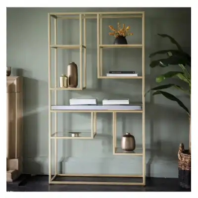 Champagne Gold Metal Mirrored Glass Open Display Shelving Unit