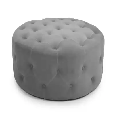 Round Brushed Grey Velvet Buttoned Footstool