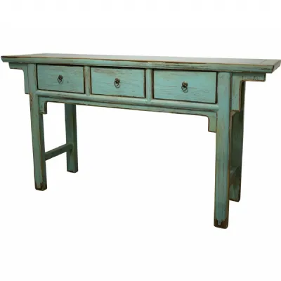 Large Green Painted Wooden Console Table with 3 Drawers