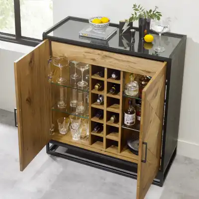 Rustic Oak Glass Top Drinks Cabinet Black Metal Base
