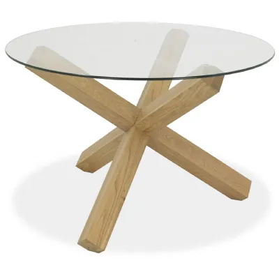 Light Oak Round Glass Top Dining Table Cross Legs