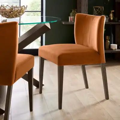 Pumpkin Orange Velvet Dining Chair Low Back Dark Oak Legs