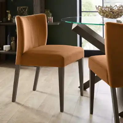 Pair of Orange Velvet Dining Chairs Low Back Dark Oak Legs