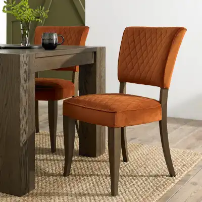 Dark Oak Rust Orange Velvet Fabric Curved Dining Chair