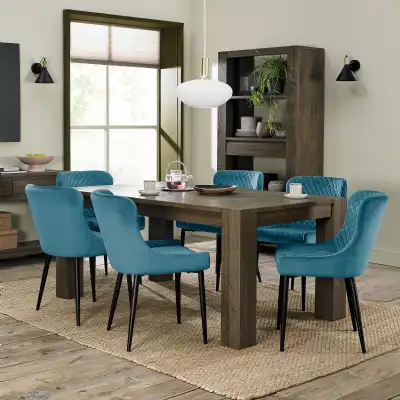 Dark Oak Dining Table Set 6 Blue Velvet Fabric Chairs