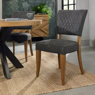 Pair of Rustic Oak Dining Chairs Grey Diamond Fabric