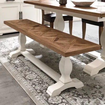 Ivory White Painted Rustic Oak Top Dining Bench