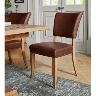 Traditional Rustic Tan Brown Leather Dining Chair Oak Legs