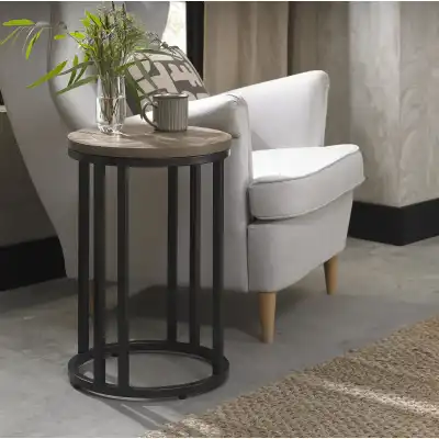 Chevron Round Weathered Ash Side Table Metal Base