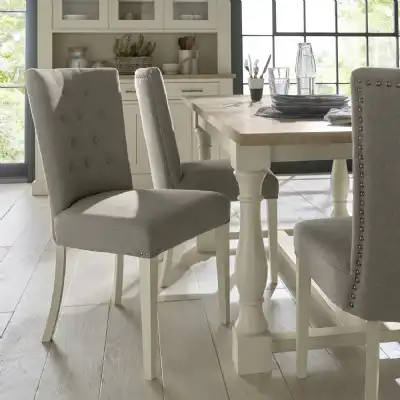 White Painted Grey Fabric Dining Chair Buttoned Backrest