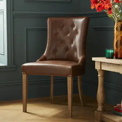 Traditional Tan Brown Leather Dining Chair Rustic Oak Legs