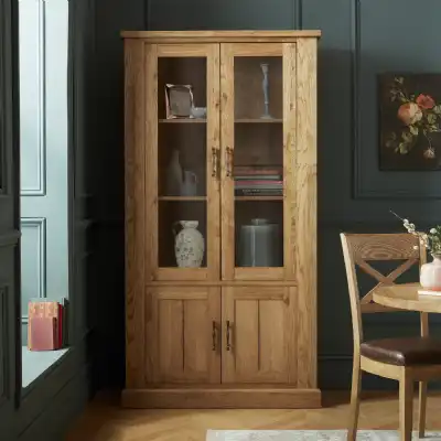 Rustic Oak Glazed Display Cabinet with Cupboard Base