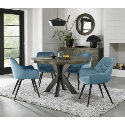 Dark Oak Round Dining Table Set 4 Blue Velvet Fabric Chairs