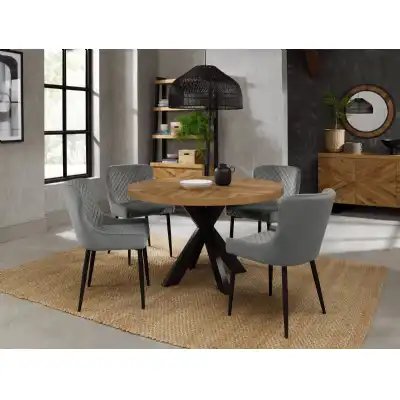 Rustic Oak Small Dining Table Set Grey Velvet Fabric Chairs
