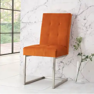 Pair of Orange Velvet Fabric Dining Chairs Nickel Frame