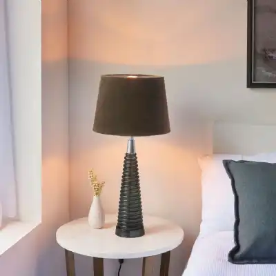 Grey Ribbed Glass Table Lamp With Velvet Shade