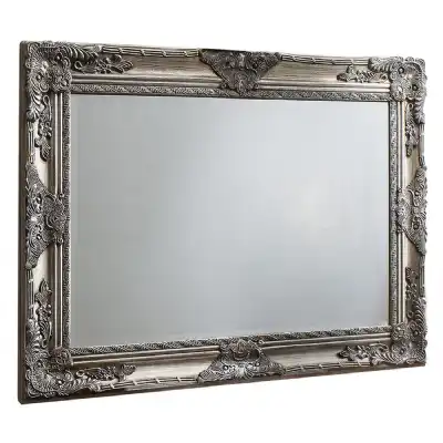Large Silver Rectangular Wall Mirror Ornate Carved Frame Bevelled Glass