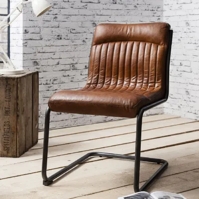 Vintage Tan Brown Leather Dining Chair Metal Frame