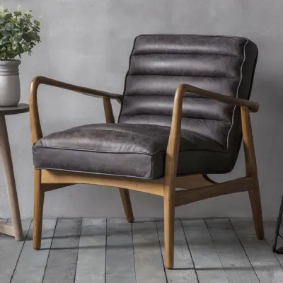 Black Leather Ribbed Relaxing Armchair Wooden Arms