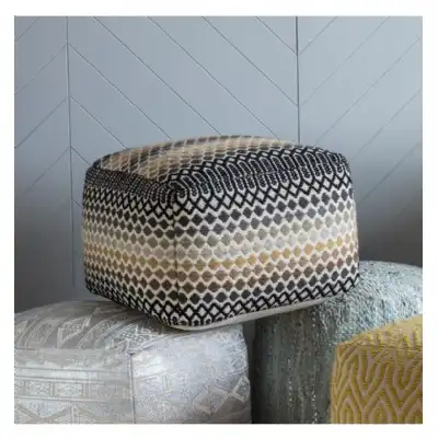 Modern Aztec Inspired Design 50cm Square Beige Fabric Pouffe Mixed Colours