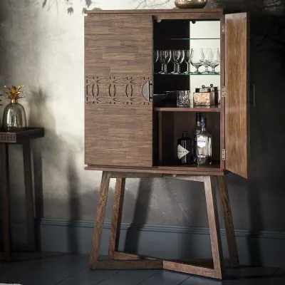 Brown Wood 2 Door Cocktail Bar Cabinet Mirrored Back