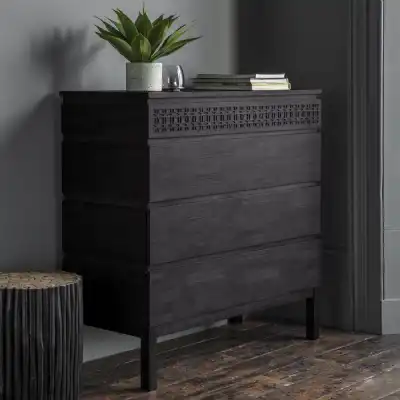 Matt Black Charcoal Carved Wooden Chest of 4 Drawers