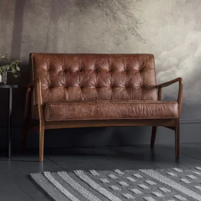 Retro Tan Brown Leather 2 Seater Buttoned Sofa Oak Frame