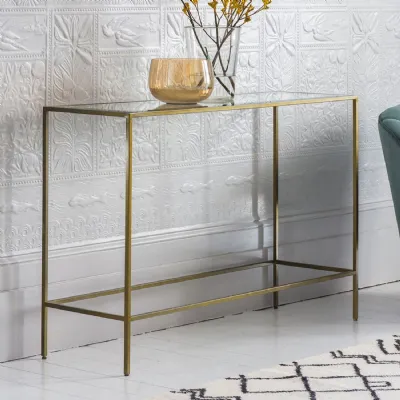 Bronze Metal Slender Console Table Bevelled Glass Top