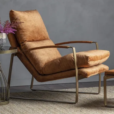 Ochre Velvet Fabric Lounger Relaxing Armchair Brass Frame