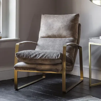 Grey Fabric Gold Brass Metal Lounger Relaxer Armchair