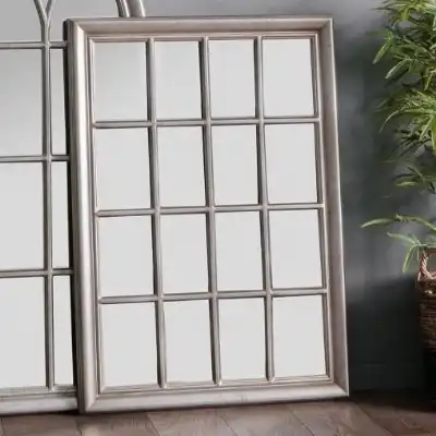 Rectangular Leaner Wall Mirror Antique Silver with Multi Window Glass Panels