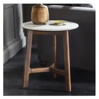 White Marble And Acacia Wood Round Side Table