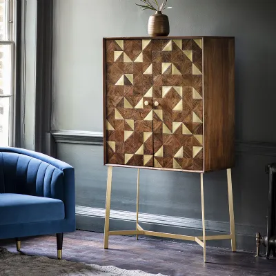 Brown and Gold Geometric Drinks Cabinet Brushed Brass Legs