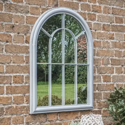 Large Weathered Arched Grey Garden Outdoor Metal Frame Window Wall Mirror