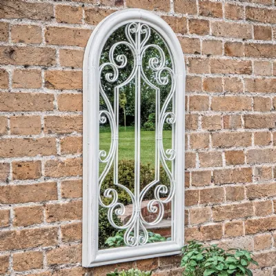 Large Arched Outdoor Wall Mirror White Metal Ornate Framework