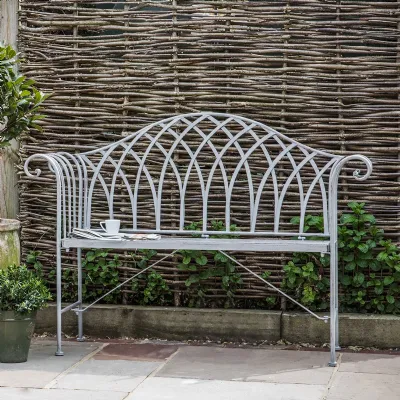 Distressed Curved Metal Outdoor Garden Bench Grey Painted