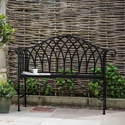 Distressed Grey Metal Outdoor Garden Bench Rounded Arms
