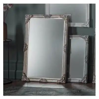 Vintage French Style Large Rectangle Ornate Decorative Silver Framed Wall Mirror 92x61x5cm