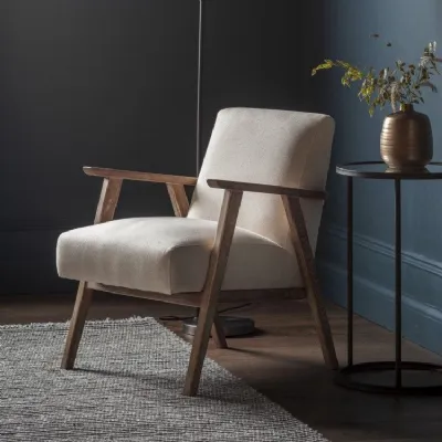 Comfy Natural Linen Fabric Armchair Wooden Arms and Frame