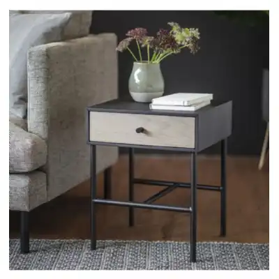 Modern Style Grey And Black Oak Wood Panel Bedside Table With Drawer 50x40cm