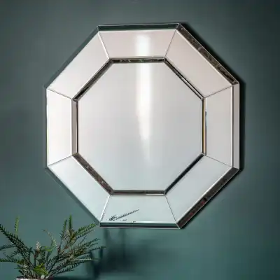 Silver Mirrored Glass Framed Octagon Bevelled Wall Mirror Geometric Modern Style