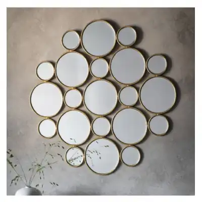 Cluster of Gold Framed and Beveled Glass Wall Hanging Multi Circle Mirrors