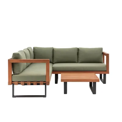 Large Green Cushioned Slatted Wood Garden Corner Sofa Set
