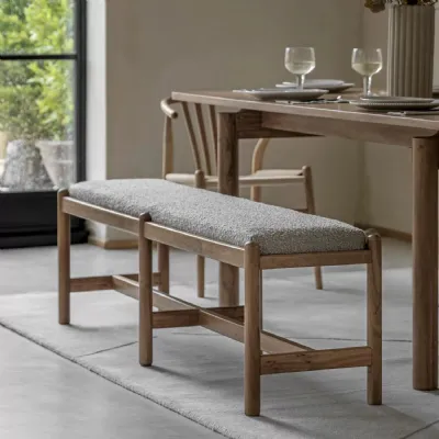 Retro Natural Wood Large Dining Bench Grey Fabric Seat