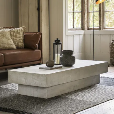 Rustic White Washed Wood Block Low Coffee Table