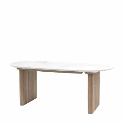 White Carrera Marble Top Oval Dining Table Wooden Ribbed Legs