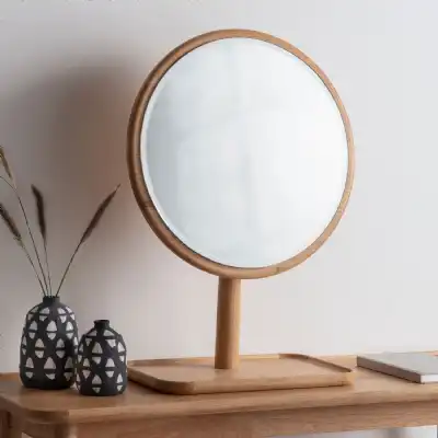 Light Oak and Glass Round Vanity Dressing Table Mirror