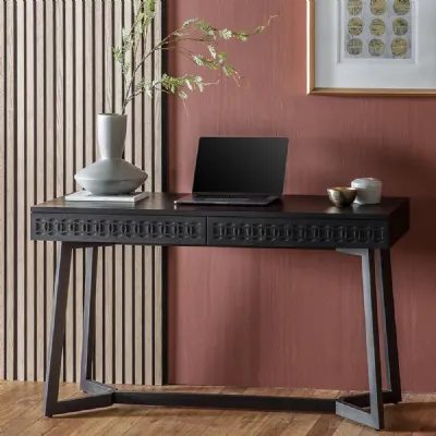 Dark Wood Rectangular Office Desk with Gothic Fretwork