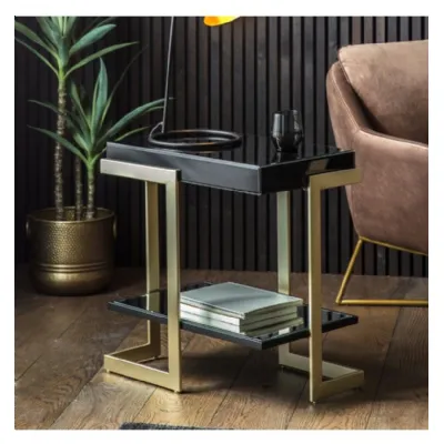 Bronze Gold Metal Black Glass Top Side Lamp Table