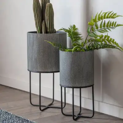 Cylindrical Shaped Grey Planter on Industrial Black Metal Stand Set of 2